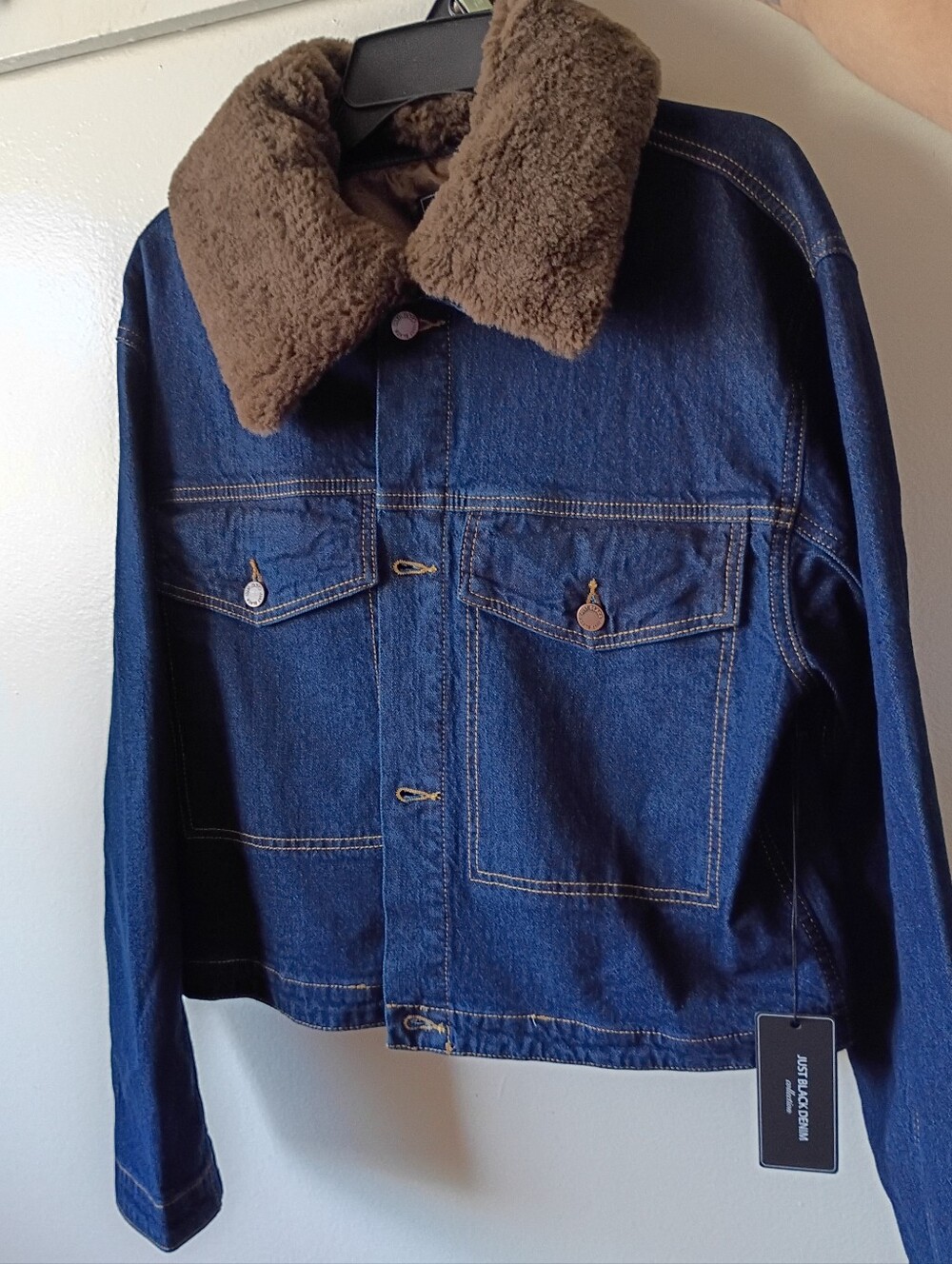 Dark Blue Denim Jacket with Brown Sherpa Collar ~ Removable Fur Collar